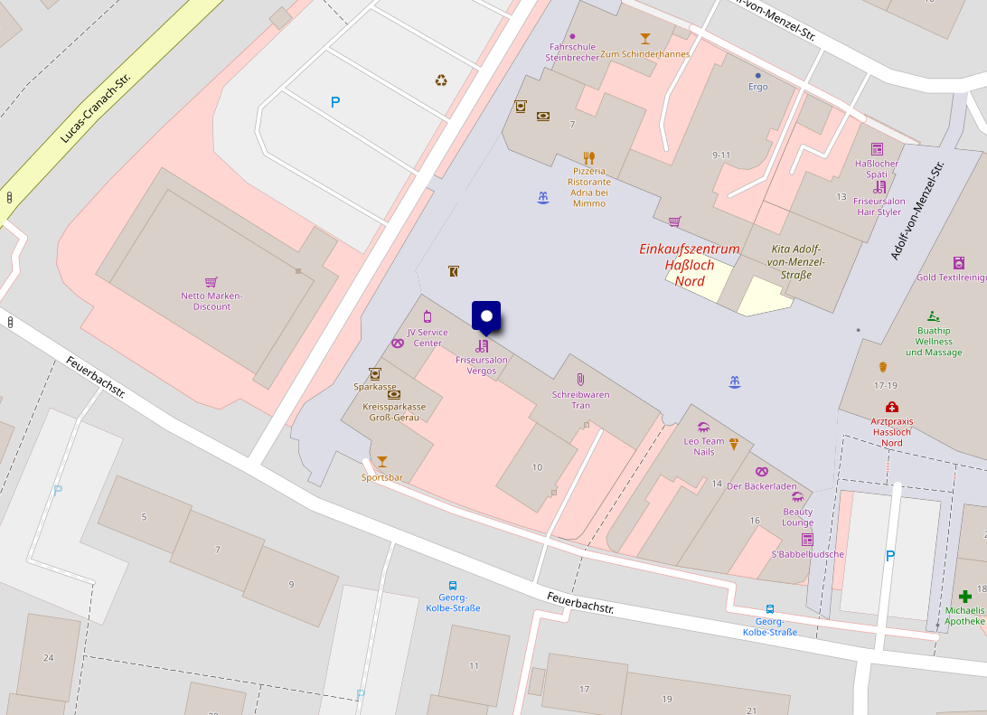 Kartenausschnitt mit der Lage des Salons in der Feuerbachstraße 8